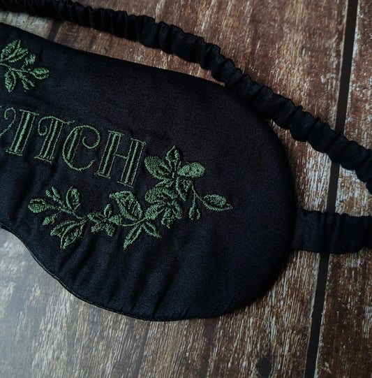 Black Embroidered Sleep Mask - Green WITCH