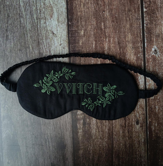 Black Embroidered Sleep Mask - Green WITCH